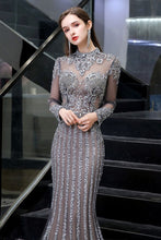 Luxury Sparkly beading High Neck Sheer Tulle Long Prom Dress