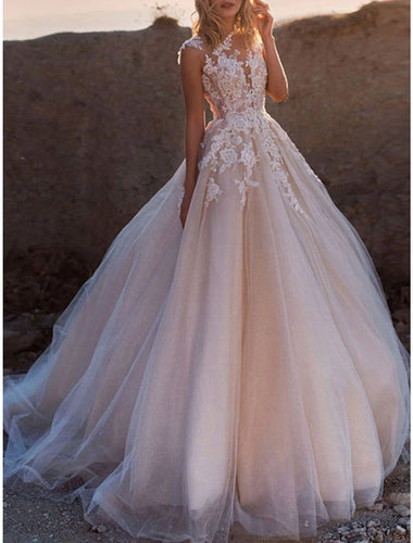 Formal Wedding Dresses Ball Gown Illusion Neck Cap Sleeve Court Train Lace Bridal Gowns With Buttons Appliques 2023 Summer Wedding Party