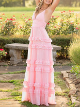 Decebal | A Line Pink Chiffon Tiered Ruffles Long Prom Dress