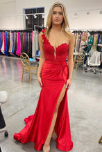 Mandel|Red One-Shoulder 3D Floral Lace Pleated Long Gown with Slit