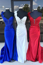 Mandel|Red One-Shoulder 3D Floral Lace Pleated Long Gown with Slit