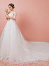 Hall Wedding Dresses Cathedral Train A-Line Half Sleeve V Neck Satin With Lace Crystals