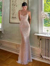 McKoye| Simple Pink Mermaid Straps Sequin Prom Dresses With Split