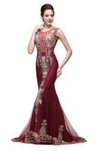 Mermaid Crew Sweep-length Tulle Burgundy Formal Dresses With Applique