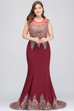 Mermaid Crew Sweep Train Sleeveless Appliques Burgundy Evening Dresses