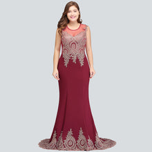 Mermaid Crew Sweep Train Sleeveless Appliques Burgundy Evening Dresses
