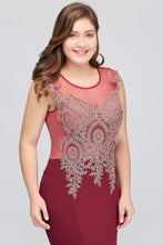 Mermaid Crew Sweep Train Sleeveless Appliques Burgundy Evening Dresses