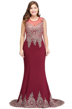 Mermaid Crew Sweep Train Sleeveless Appliques Burgundy Evening Dresses