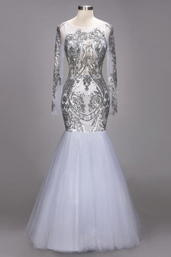 Mermaid Floor Length Long Sleeves Sequined Patterns Plus Size Tulle Prom Dresses