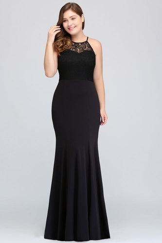 Mermaid Halter Floor Length Plus size Black Evening Dresses with Lace