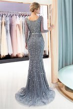 Mermaid Long Sleeves V-neck Sequins Evening Gowns with Sash