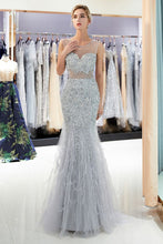 Mermaid Sleeveless Illusion Neckline Crystal Sqeuined Tulle Evening Dress