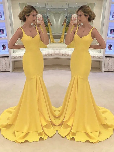 Mermaid Spaghetti Straps Sleeveless With Layers Satin Prom Dresses