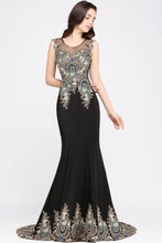 Mermaid Sweep Train Black Sleeveless Evening Dresses with Appliques