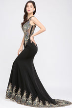 Mermaid Sweep Train Black Sleeveless Evening Dresses with Appliques