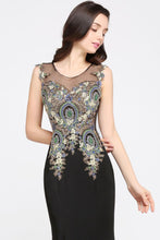 Mermaid Sweep Train Black Sleeveless Evening Dresses with Appliques