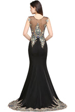 Mermaid Sweep Train Black Sleeveless Evening Dresses with Appliques