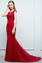 Mermaid V-neck Appliques Beads Floor Length Prom Dresses with Sash