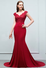 Mermaid V-neck Appliques Beads Floor Length Prom Dresses with Sash