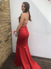 Mermaid V Neck Backless Backless Prom Dresses with Slit Halter Red Formal Evening Gowns