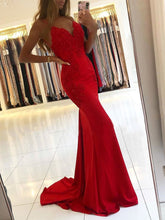 Mermaid V Neck Backless Lace Beaded Long Prom Dresses Red Formal Evening Gowns