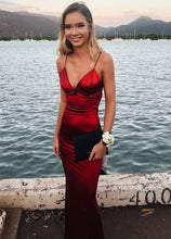 Mermaid V Neck Backless Satin Long Prom Dresses Open Back Formal Evening Gowns