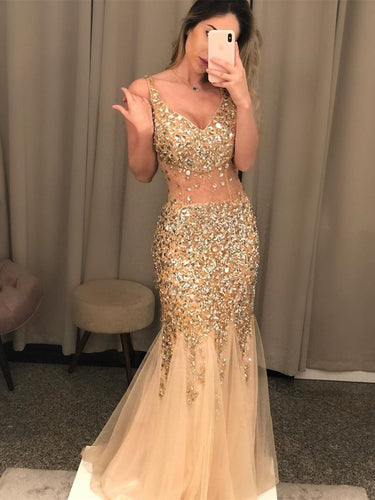 Mermaid V Neck Long Backless Prom Dresses Tulle Beads Formal Evening Gowns