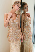 Mermaid V-neck Sleeveless Crystals Beading Long Evening Dresses