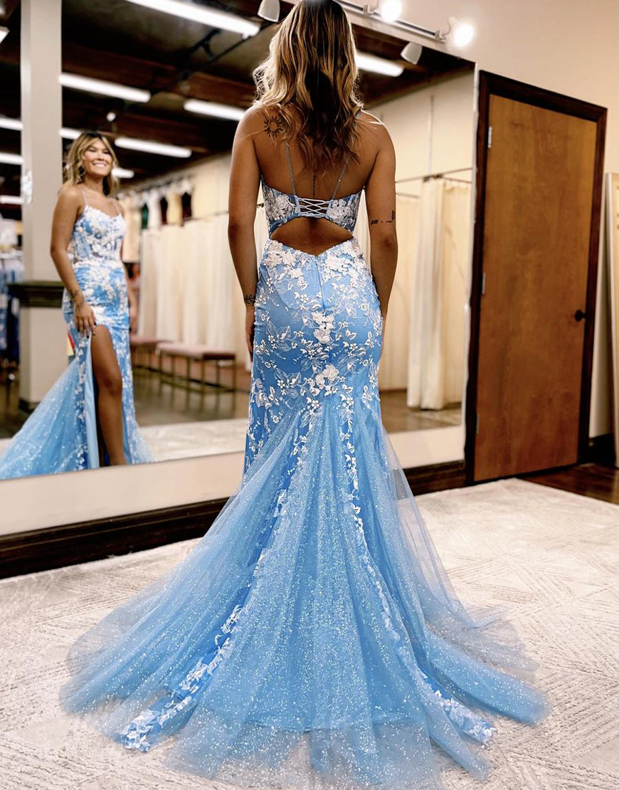 Aubrie |Mermaid Spaghetti Straps Lace Tulle Prom Dress with Slit – Anna PromDress