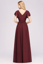 Elegant A-line V-Neck Short Sleeve Bridesmaid Dresses with Bow Sash Floor-Length Chiffon Evening Dress