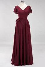 Elegant A-line V-Neck Short Sleeve Bridesmaid Dresses with Bow Sash Floor-Length Chiffon Evening Dress