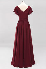 Elegant A-line V-Neck Short Sleeve Bridesmaid Dresses with Bow Sash Floor-Length Chiffon Evening Dress