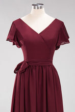 Elegant A-line V-Neck Short Sleeve Bridesmaid Dresses with Bow Sash Floor-Length Chiffon Evening Dress