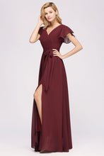 Elegant A-line V-Neck Short Sleeve Bridesmaid Dresses with Bow Sash Floor-Length Chiffon Evening Dress