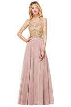 Women's Gold Appliques Evening Formal Dress Chiffon Lace Prom Long Ball Gown