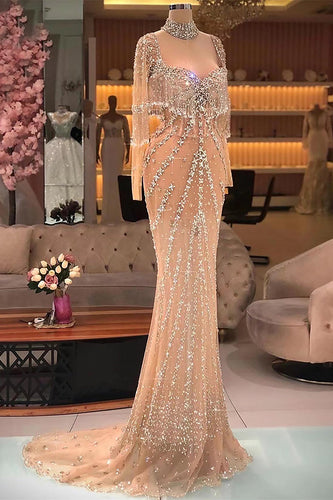 Modern Long Mermaid Beading Long Sleeves Prom Dress With Train