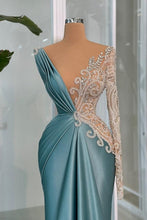 Modern Long Mermaid V-neck Lace Rhinestones Satin Long Sleeve Prom Dress