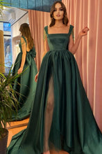 Modest Green A-Line Square Neckline Straps Prom Dresses with Slit