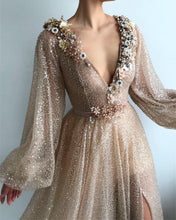 Modest Long A-line V-neck Sequined Prom Dress with Slit
