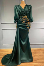 Modest Long Mermaid Satin Beading V-neck Prom Dress with Sleeves