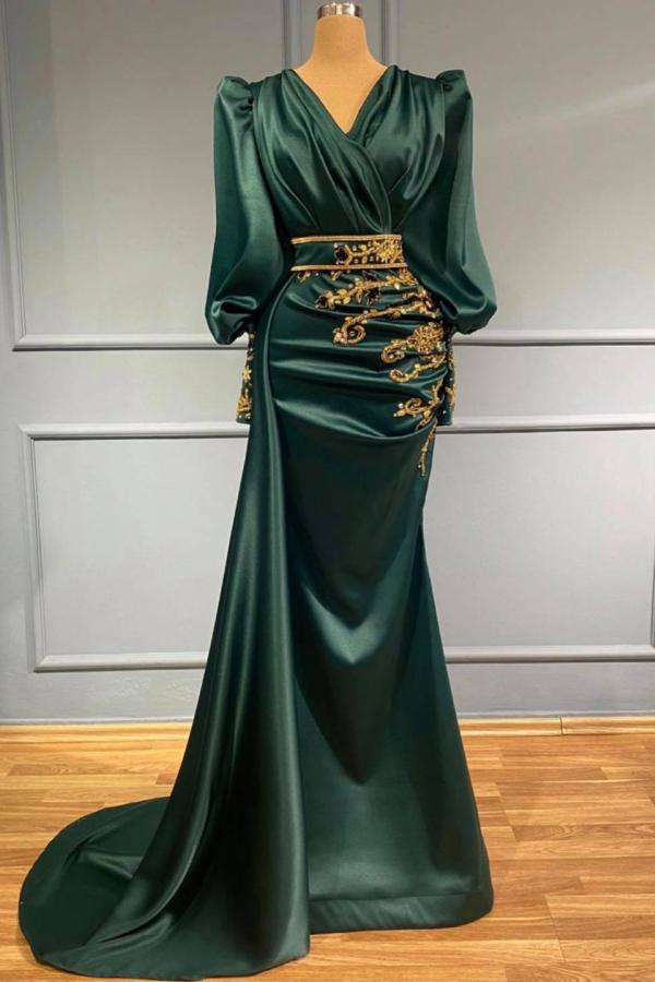 Modest Long Mermaid Satin Beading V-neck Prom Dress with Sleeves