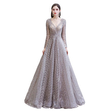 Modest Long Sleeves V-Neck Princess Prom Dress Sequined Aline Party Gown