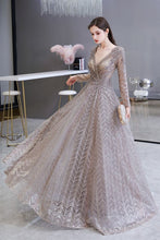 Modest Long Sleeves V-Neck Princess Prom Dress Sequined Aline Party Gown