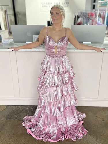 Murray | Sweetheart Spaghetti Straps Tiered A-Line Metallic Prom Dress