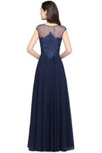Navy Blue A-line Scoop Appliques Chiffon Prom Dress