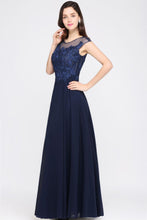 Navy Blue A-line Scoop Appliques Chiffon Prom Dress