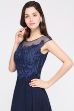 Navy Blue A-line Scoop Appliques Chiffon Prom Dress