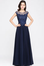 Navy Blue A-line Scoop Appliques Chiffon Prom Dress