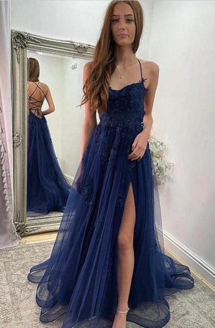 Navy Blue Halter Front Slit Spaghetti Straps A-Line Tulle Prom Dress – Anna  PromDress