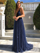 Navy Blue Long A-line V Neck Backless Sparkly Open Back Formal Evening Prom Dresses